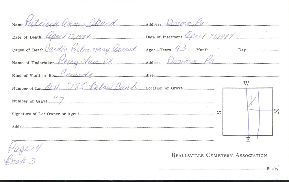 Patricia A Ikard burial card